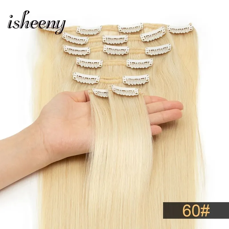 Isheeny 14"-22" Clip In Human Hair Extensions Brazilian Remy Natural Clip Human Hair Extension Real Natural Clip On 50-65G