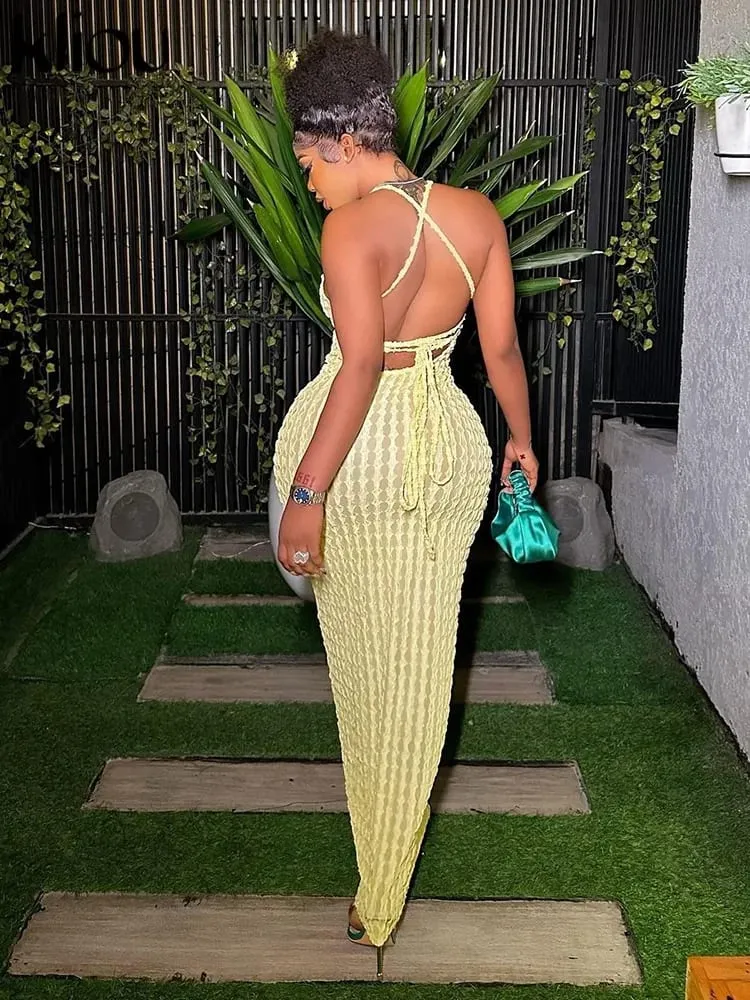 Kliou Solid Ruched Spaghetti Strap Bandage Maxi Dress Women Casual Sleeveless Backless Bodycon Ladies Party Streetwear Dresses — image 2