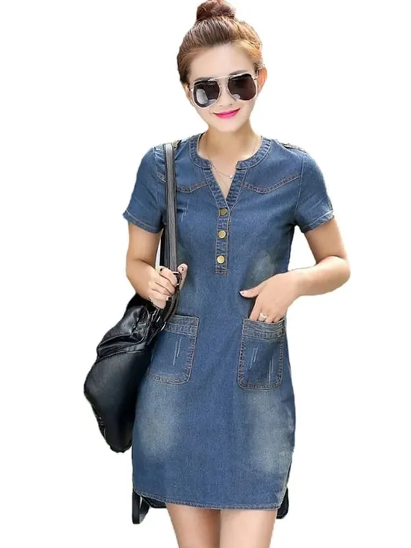 2025 New arrival summer women denim dresses short sleeves loose A word dresses v-neck solid denim dresses — image 4