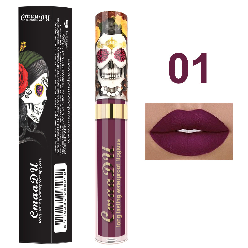 1pcs Matte Lip Gloss - Long-Lasting Waterproof Non-Fading for All Skin Types - Vibrant Red Shades with Floral & Skull Designs — image 8