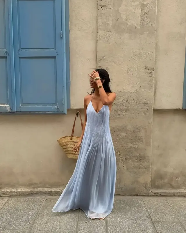 Robe longue plissée de couleur unie pour femmes, Sexy, élégante, sans manches, bretelles, dos nu, Slim Fit, Robe de plage, de fête