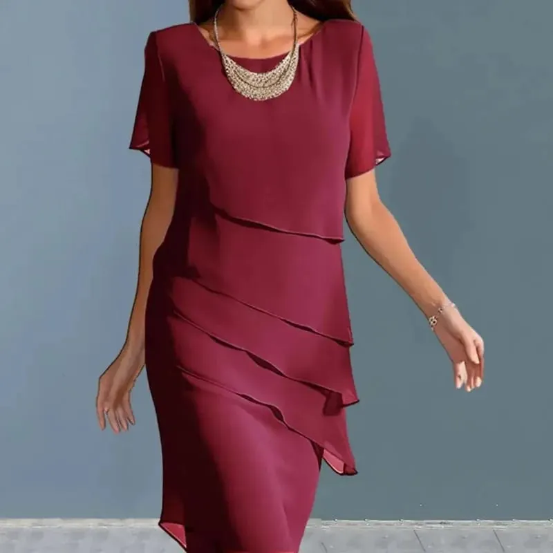 New Women's Dress O-neck Short-sleeved Ruffle Elegant Solid Color Simple Fashiona Midi Skirt — image 4