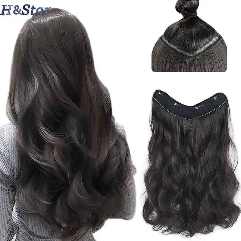18Inch Long Synthetic Curly Wavy 4Clip One Piece V-shaped Clip in Hair Extensions Black Brown Hairpieces for Women — image 1