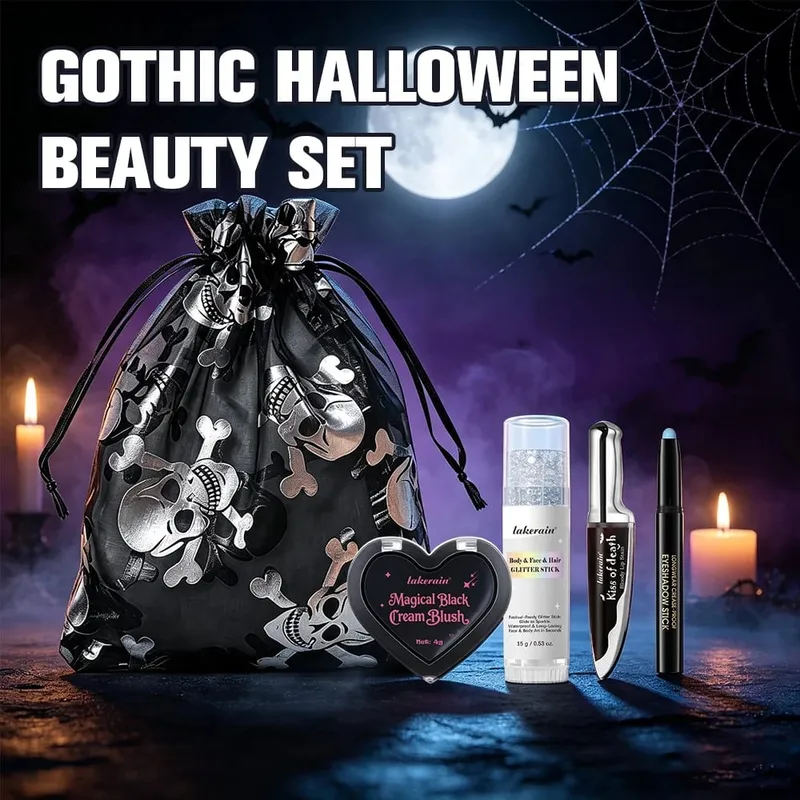 Halloween Gothic Makeup Set 5pcs Lip Stain Dark Cream Blush Eyeshadow Stick Glitter Eyeliner with Bag Cosplay Party Face Body