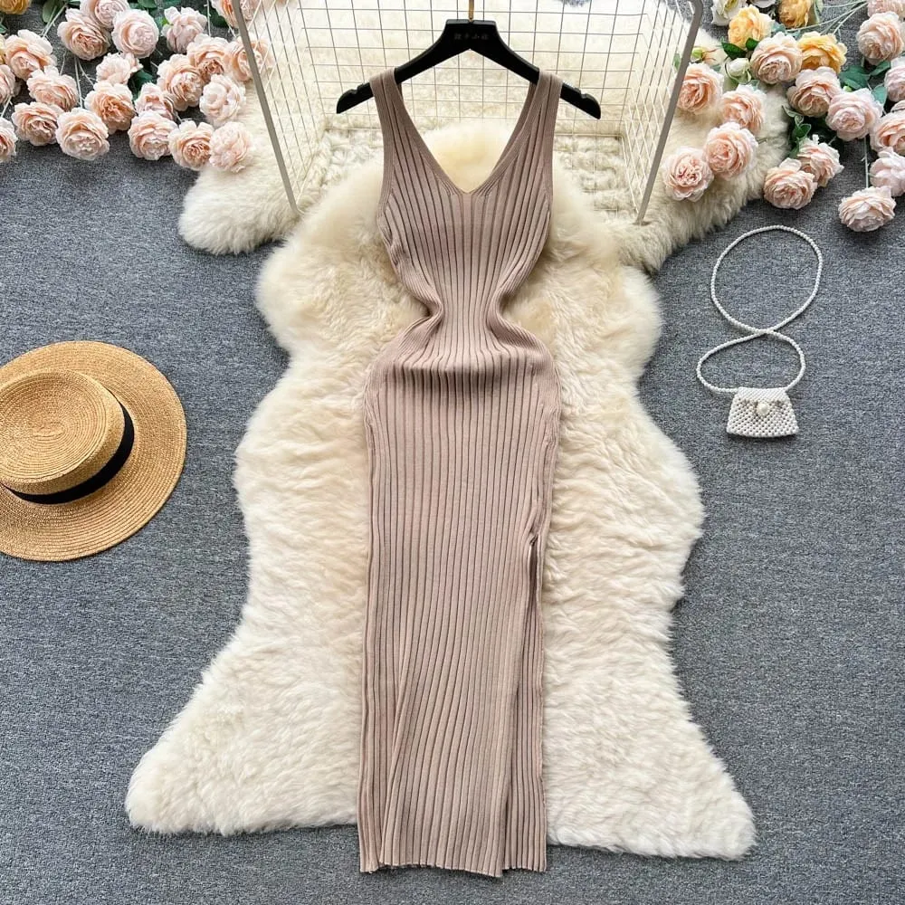 Women V Neck Solid Ribben Knitted Dresses Casual All Match Slimple Sexy Package Hips Bodycon Dress Elegant Vestidos Streetwear — image 4