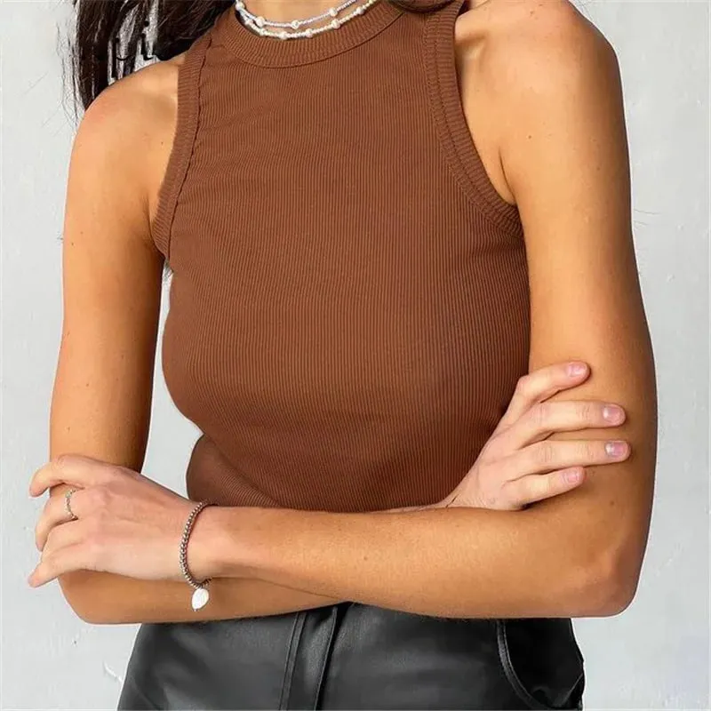 Ribbed Knitted Tops Neck Summer Basic Shirts White Black Casual Sport Vest Off Shoulder Green Women's Tank Top — image 2