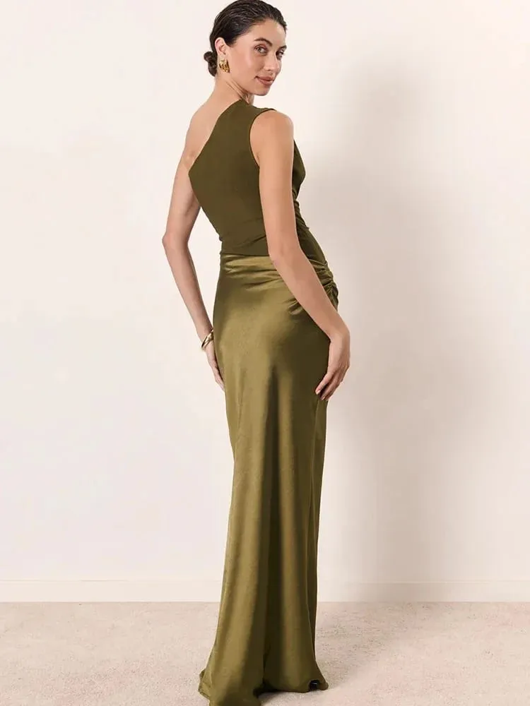 MO Patchwork Satin Sexy One Shoulder Women Maxi Dress Brown Sleeveless Evening Dress Summer Slim Elegant Party Clubwear — image 5