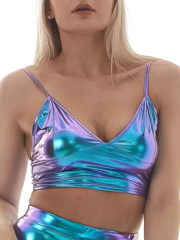 Women Holographic V Neck Metallic Tank Top Bustier Spaghetti Strap Crop Top Tight Sleeveless Cami Top Vest — image 11