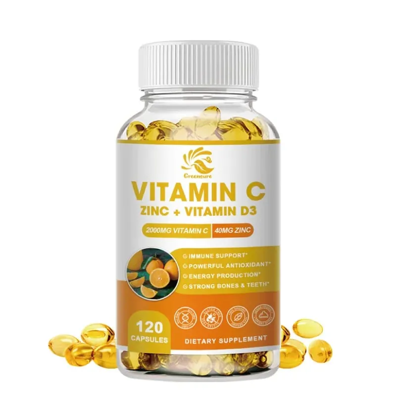 Greensure Supplements Zinc 40mg Vitamin C 2000mg and Vitamin D3 5000 IU (125mcg) Per Serving - 60/120 Capsules