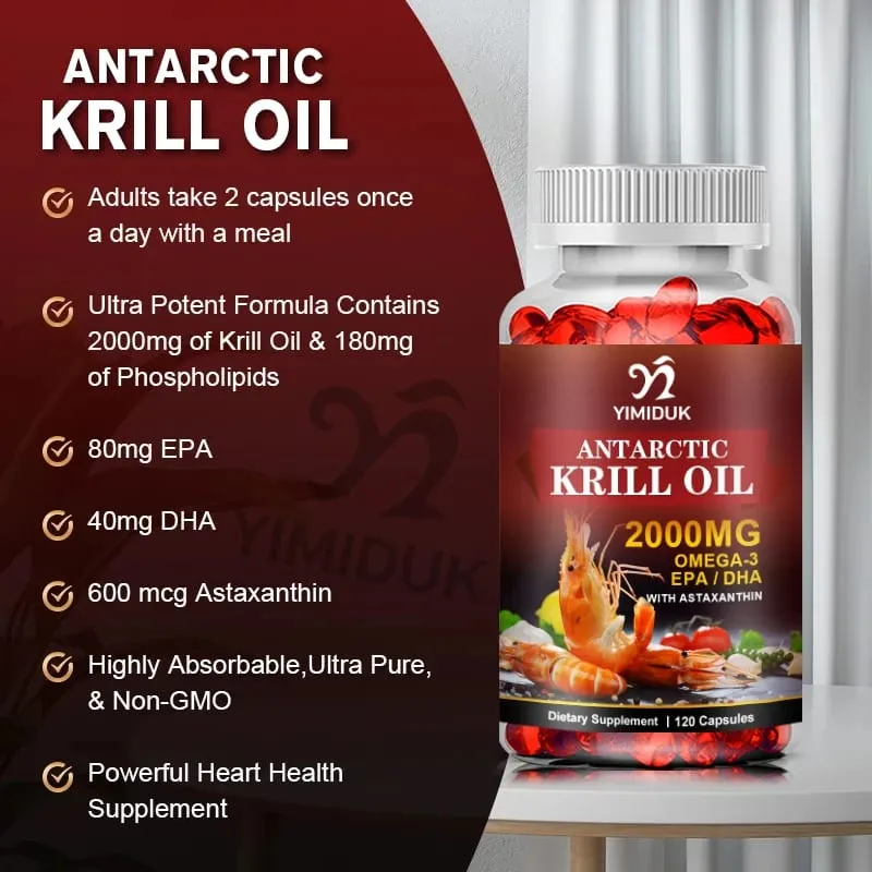 Antarctic Krill Oil 2000mg 120 Capsules Omega-3 EPA DHA with Astaxanthin Supplement Sourced from Red Krill Maximum Strength