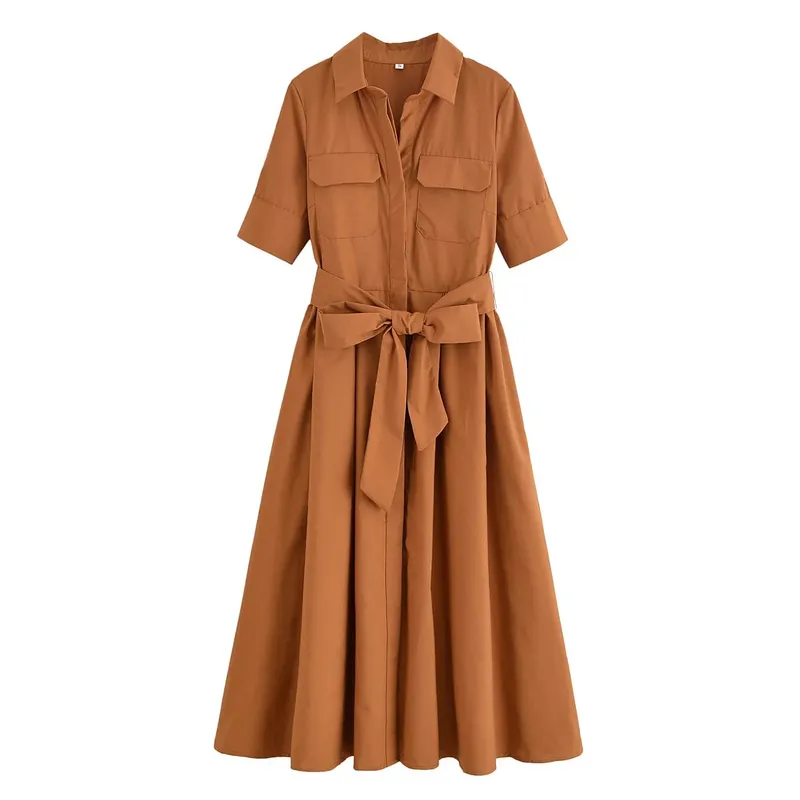HH Women Summer Lapel Short Sleeve Pocket Single-Breasted Belt Decorate Midi Dress Female Fashion Shirt Style Pleated Dress — image 14