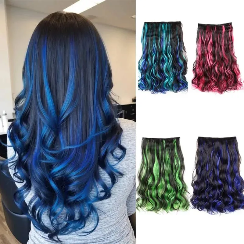 Synthetic 5Clip in Hair Curly Extension 18 Inch Curly Black Mix Blue Highlights Thick Hairpieces Fiber Hair for Women — image 1