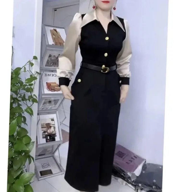 Spring Autumn New Fashion POLO Collar Long Sleeve Patchwork Women's Clothing Color Blocking Button Temperament Thin Slim Dresses — image 1