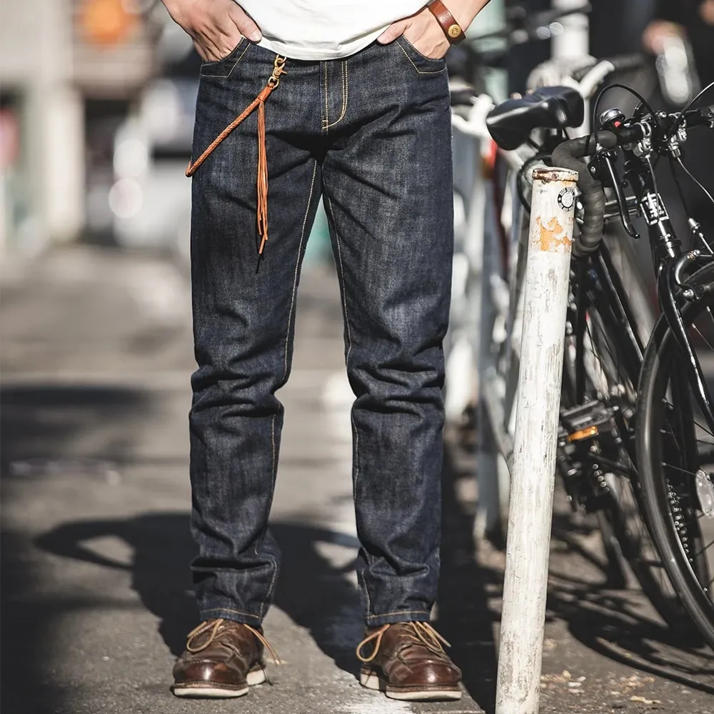 Maden Vintage Raw Denim Jeans for Men 14.8 OZ Jeans Denim Washed Straight Tapered Fit Pants Mid Waist Casual Trousers