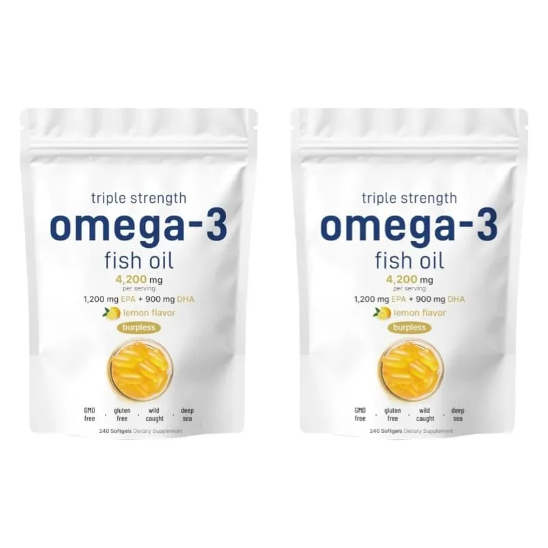 Suplementos de óleo de peixe ômega 3 de força tripla 4200 mg Burpless com sabor de limão EPA 1200 mg DHA 900 mg 240 cápsulas gelatinosas — image 8