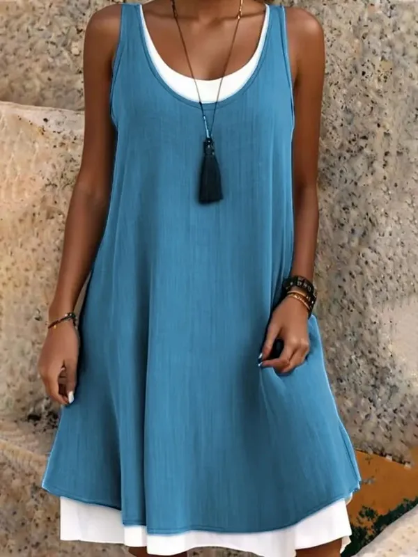 Summmer Women's Solid Dress Casual Sleeveless Fake Two Piece Loose Dresses Female O Neck Office Holiday Beach Party Dress New — image 9