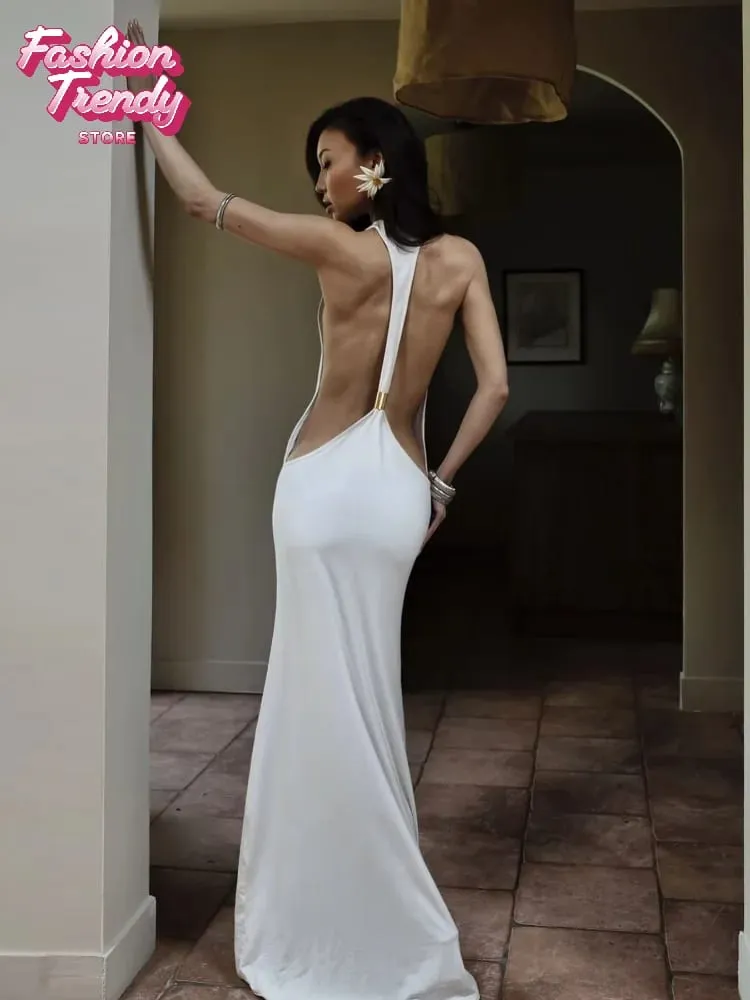 Solid Halter Backless Maxi-jurk met uitsnijding aan de zijkant Dames Stretch Jersey Vloerlengte Slanke bodycon-jurken Nachtclub Vakantiegewaad