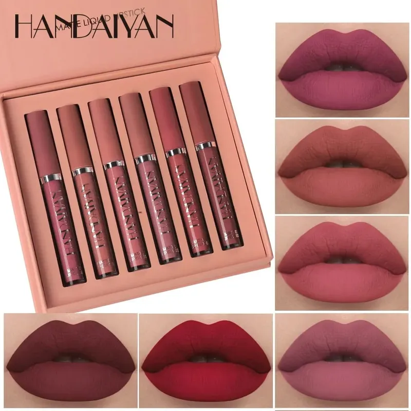 6pcs/Set Lip Gloss Long Lasting Waterproof Matte Lip Tint NonStick Cup Liquid Lipstick Gift Box Cosmetics Makeup