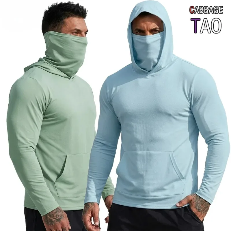 Мужская футболка с капюшоном и защитой от солнца, быстросохнущая толстовка с длинными рукавами, легкий топ для пеших прогулок, уличная солнцезащитная одежда, топы — image 3