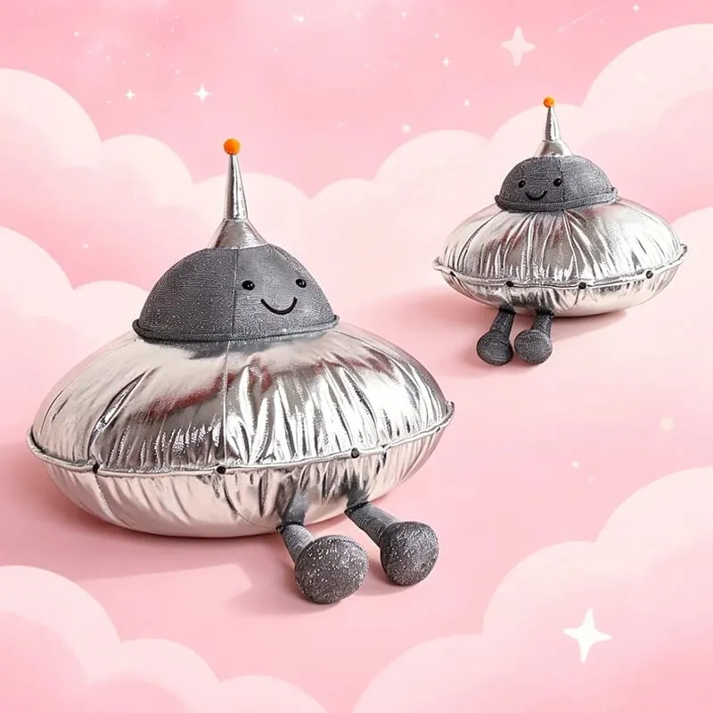 귀여운 UFO 플러시 베개 실버 메탈릭 비행 접시 박제 장난감 부드러운 외계인 우주선 플러시 쿠션 우주 테마 홈 장식 선물 — image 7