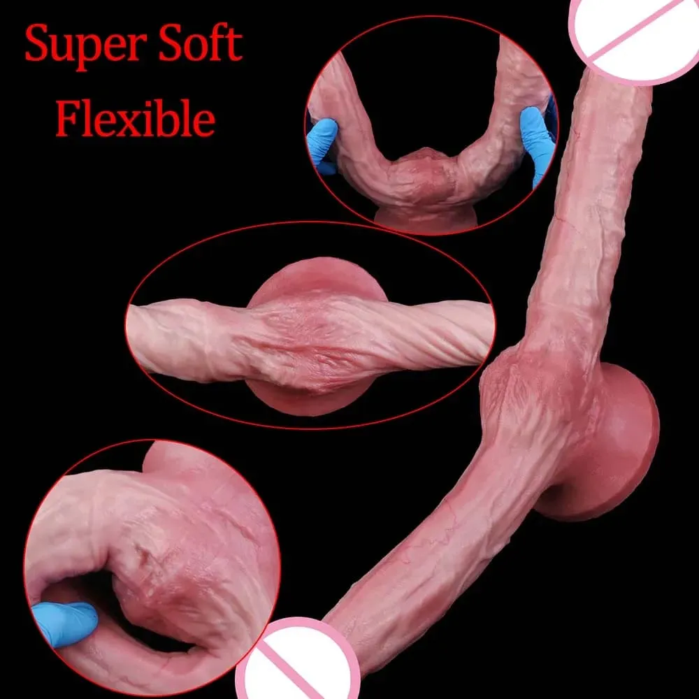Mainan Seks Stimulator Vagina Anal Kepala Ganda Dildo Panjang Realistis 47Cm dengan Pengisap untuk Pasangan Lesbian Alat Dewasa Pria Gay