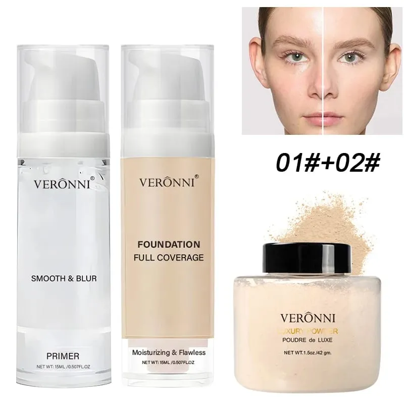 3-Piece Beginner Face Makeup Kit-Matte Waterproof Foundation Hydrating Primer Oil-Control Loose Powder Full Coverage Concealer