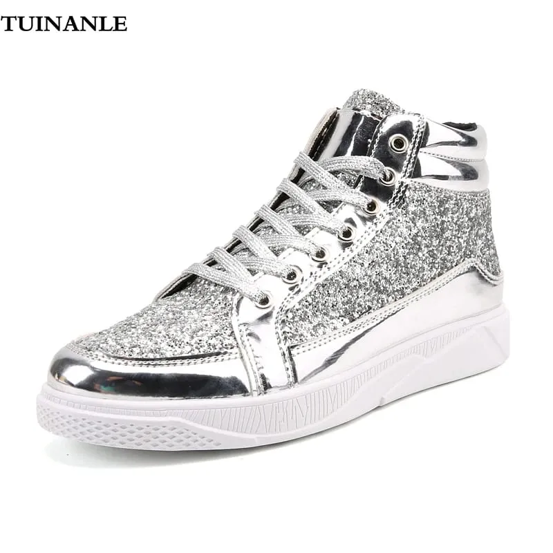 Man's Casual Shoes High-tops Silver Glitter Bling Platform Sneakers Men Non Slip Skateboard Shoes Zapatillas Hombre — image 2