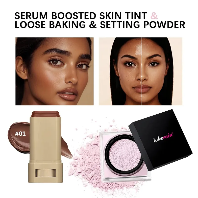 2pcs Foundation Tint Stick & Setting Powder Cosmetics Kit Coverage Even Skin Long Lasting Oil Control Matte Makeup Kit
