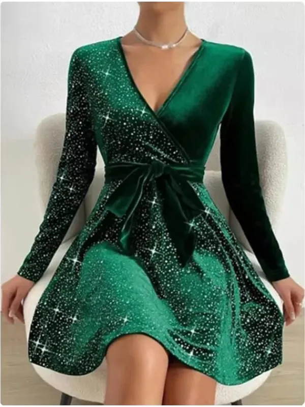 Women's V-neck Sexy Long Sleeved Sequined Solid Color Dress High Street Fashion Elegant Party Evening Dresses — image 2