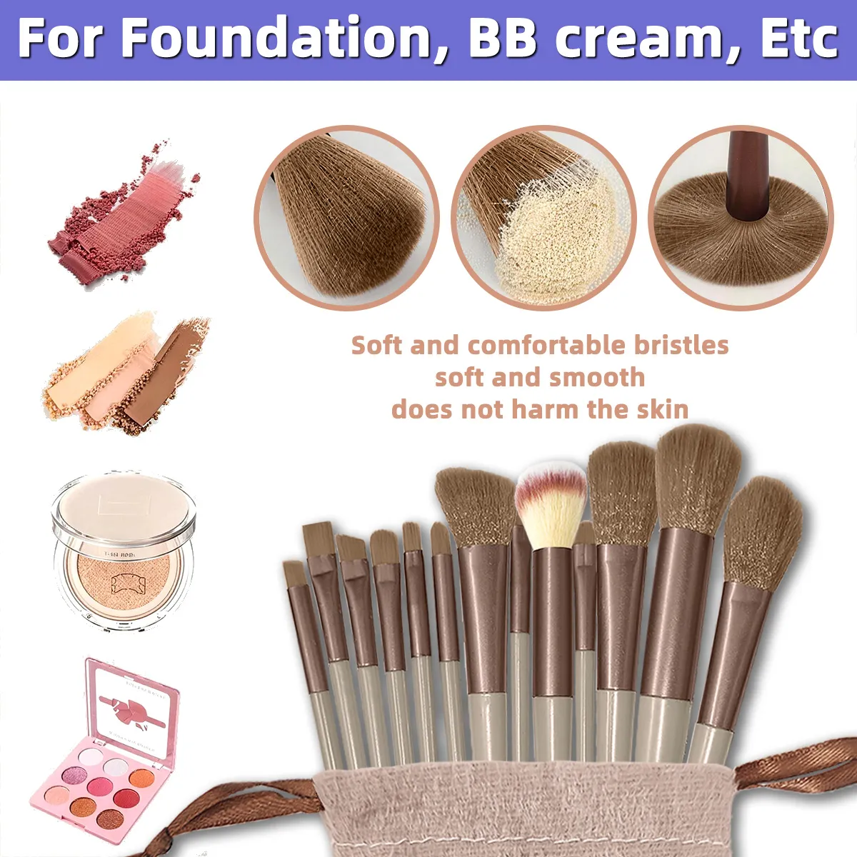 Ensemble de pinceaux de maquillage en Fiber synthétique souple, 13 pièces/ensemble, pinceaux cosmétiques pour le visage, les yeux, fond de teint, Blush, fard à paupières, avec pochette de rangement — image 3