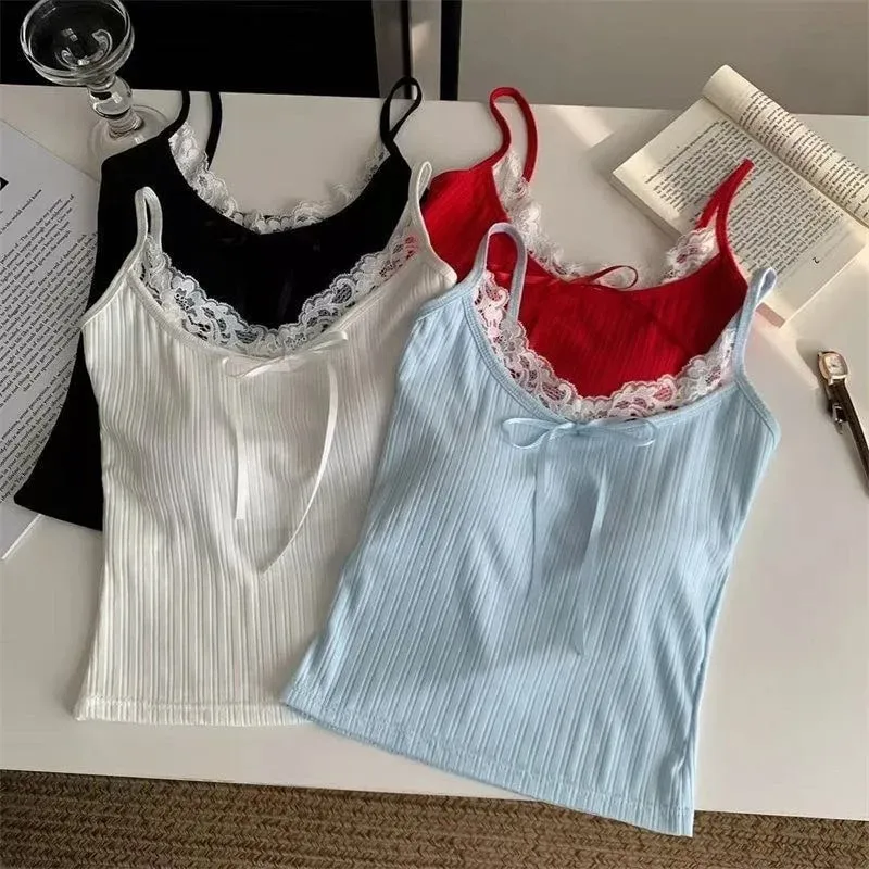 Sexy Patchwork Lace Trim Camis Top Sweet Casual Slim Solid V-Neck Sleeveless Cute Tank Tops Women 2025 Summer Streetwear Lady — image 5