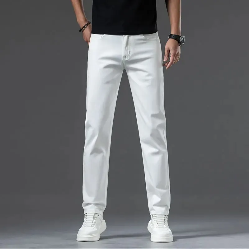 2026 New High Quality Casual Men White Jeans Mid-Waist Straight Stretch Denim Trousers Cotton Comfortable Regular Denim Pants — image 4