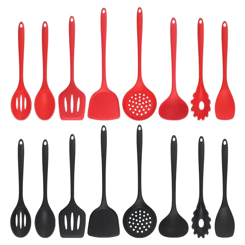 8ps Household black Silicone kitchenware 8-piece set of Chinese spaghetti spoon salad spaghetti spaghetti spaghetti，Rice spoon，