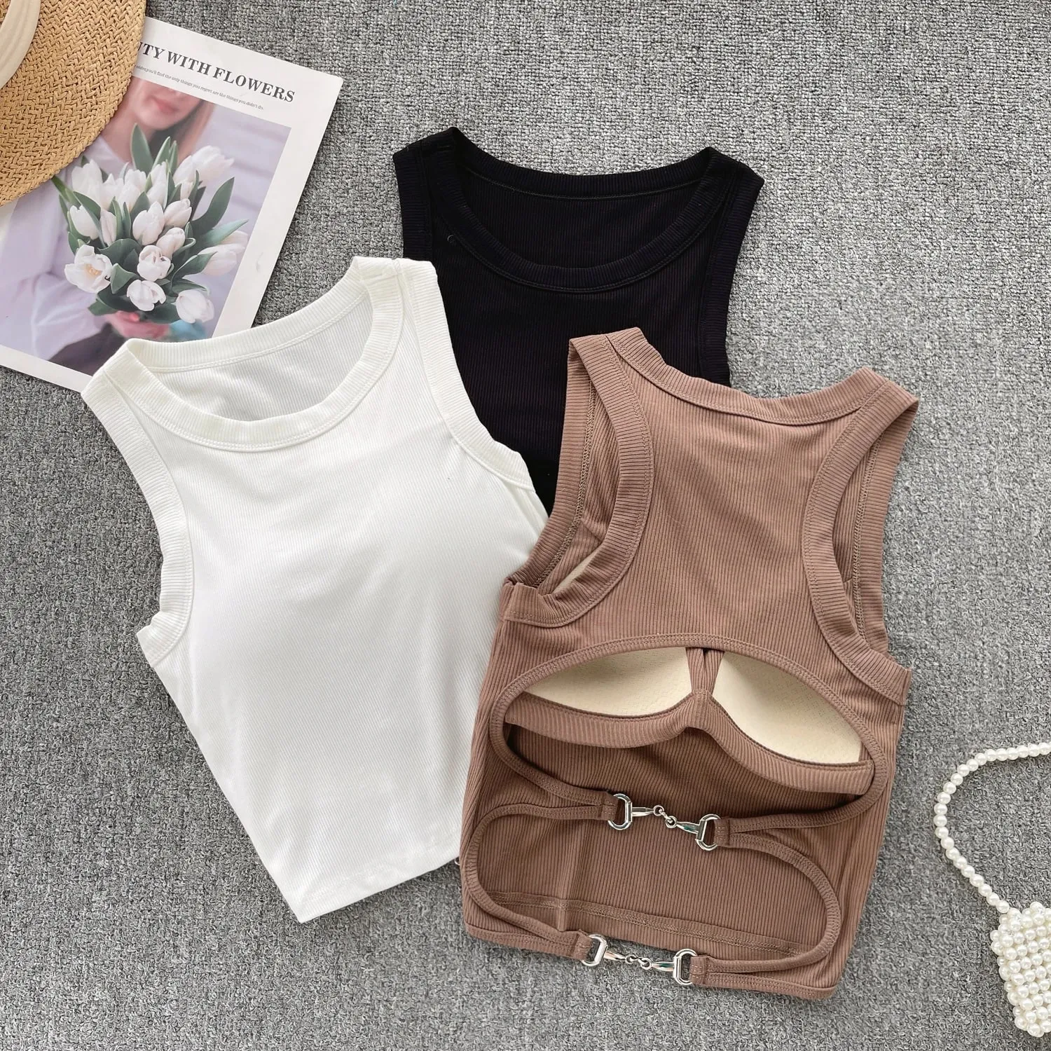 Sleeveless Knit Top Women Backless Korean Bra O Neck Solid Elastic Waist Ladies Elegant Fashion Casual Crop Top — image 7
