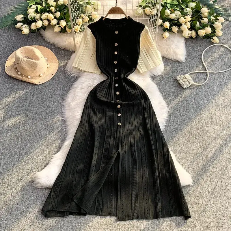 YuooMuoo Women Dress 2026 Spring at Summer Elegant Patchwork One-Piece Knitted Maxi Dress Office Lady Slim Waist Sweater Dress