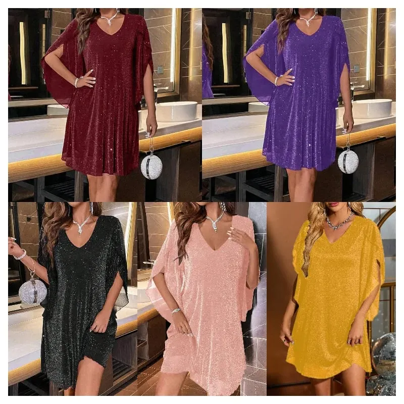 Bright Sequin Dresses Women V-neck See Through Chiffon Patchwork Irregular Half Sleeves Loose Mini Dress Female Vestidos 2024 — image 7