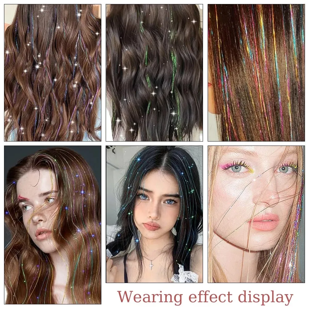 Rainbow Colored Sparkle Synthetic Hair Tinsel 36/48 Inch Girls Headwear Laser False Hair Extensions Glitter Decor Strands — image 7