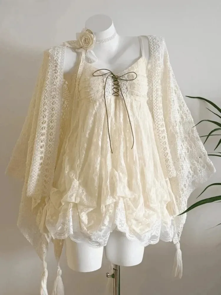 New Vintage Summer Women Sets Elegant Ruffle Lace Chiffon Design Mini Skirt Suit Fairy Female Sweet Korean Fashion Outfits 2025 — image 6