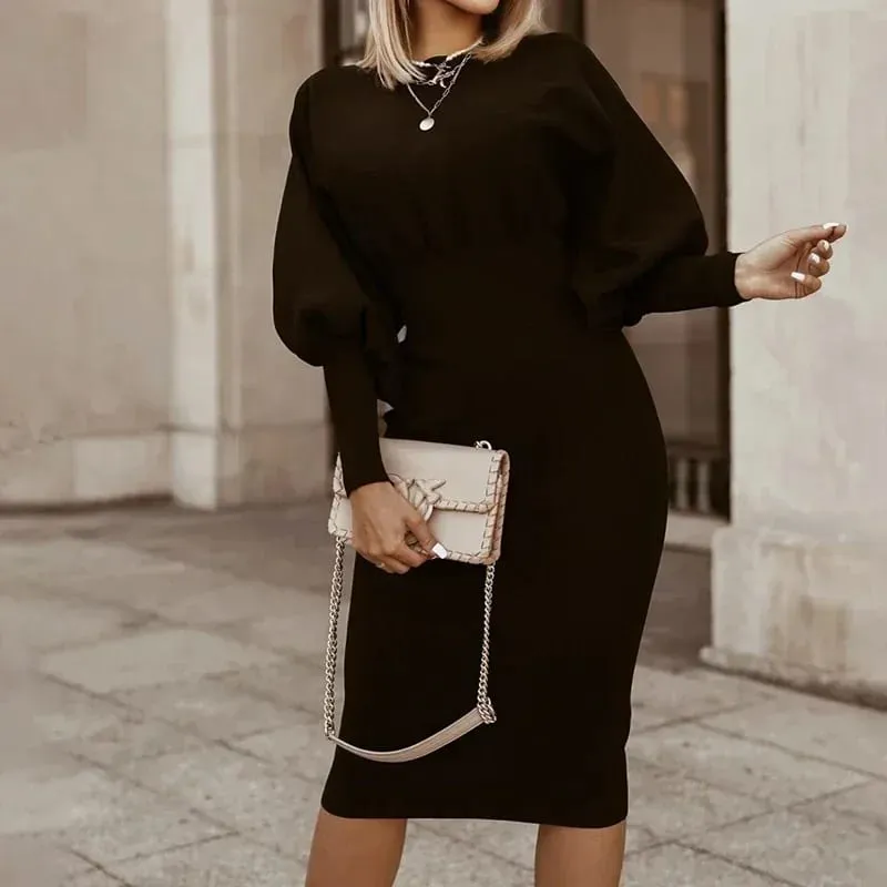 Robe de soirée élégante à manches lanternes pour femmes, tenue de soirée, col rond, moulante, couleur unie, mi-longue, automne hiver, 2024 — image 5