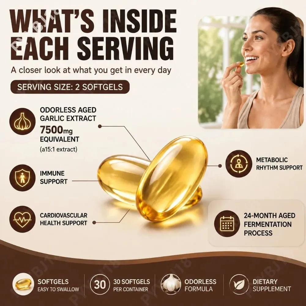 Softgels תמצית שום מיושן ללא ריח 7500 מ"ג 24 חודשים צמחי מרפא מותססים פורמולה בוטנית קרדיווסקולרית תמיכה חיסונית 30 ספירה — image 6