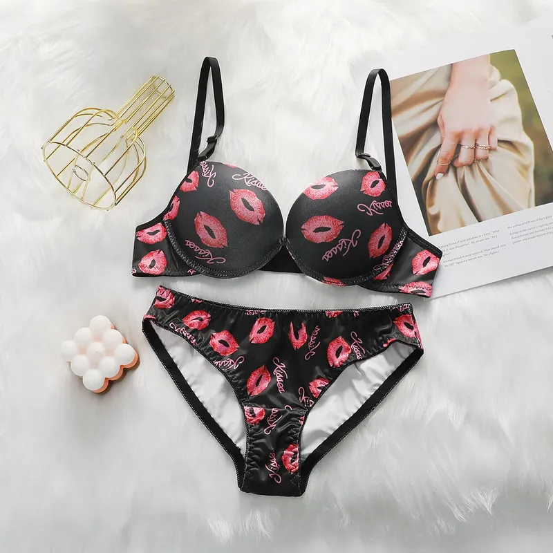 Sexy Damen-Dessous-Set mit Lippenmuster und Stahlfelgen, geraffte Push-ups, atmungsaktive Schultergurte, verstellbares BH-Set A2147