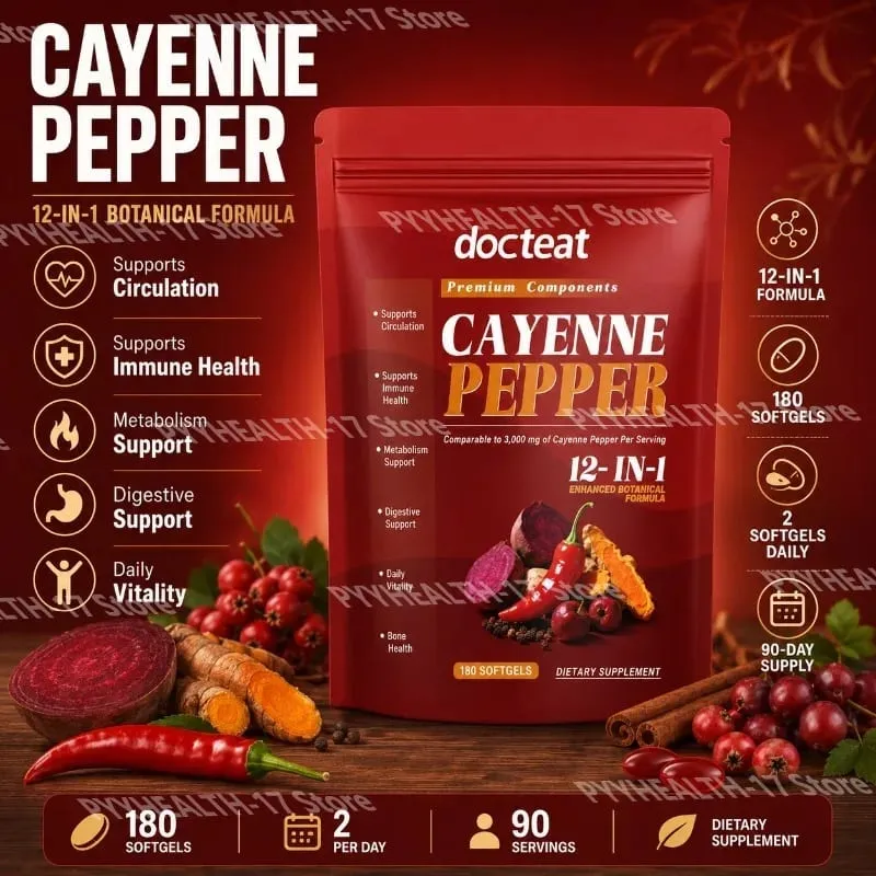 Měkké gely z kajenského pepře s vylepšeným rostlinným složením 12 v 1 pro antioxidanty a podporu zdraví cév 180 měkkých gelů — image 1