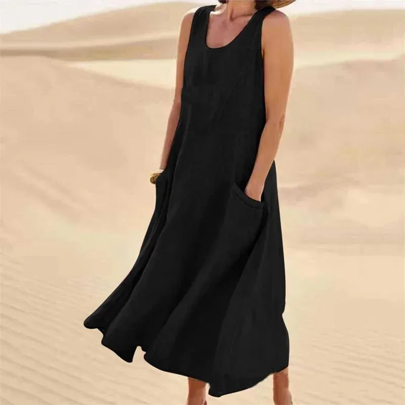 Sleeveless Suspenders Cotton Linen Dress Women Side Double Pocket Splicing Solid Color Dresses Women Summer Casual Commuter Gown — image 10