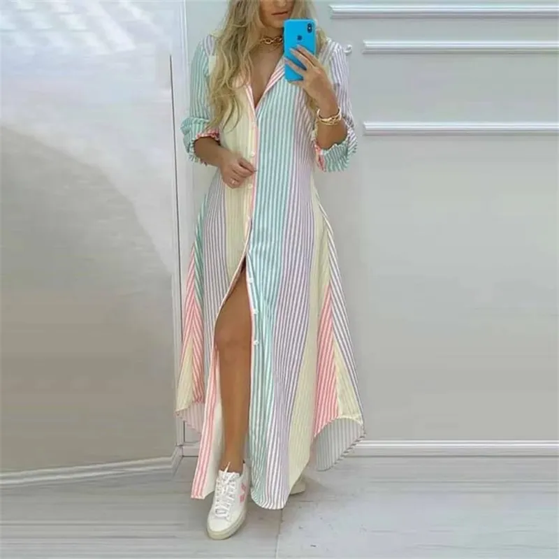 Summer Women Boho Printed Long Shirts Elegant Dress Turn-down Collar Long Sleeve Female Casual Split Shirt Evening Maxi Dresses — image 11