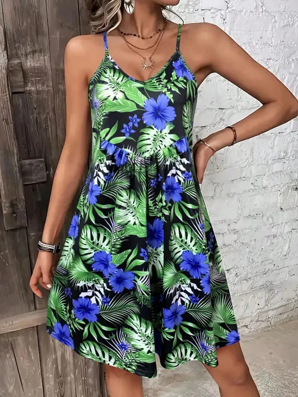 Summer Vacation Style Print V-Neck Spaghetti Strap Dress Camisole Dress for Vacation Outfits Bohemia Dresses for Women Summer — image 8
