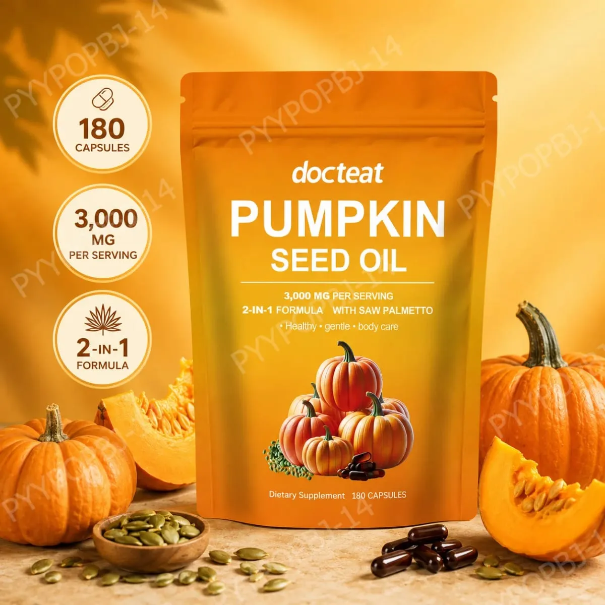 Docteat Pumpkin Seed Oil with Saw Palmetto Capsules 2-in-1 Formula for Prostate and Bladder Function Support 180 Capsules — image 1