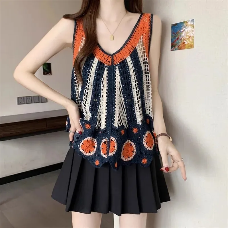 Embroidered Crochet Tank Top for Women Sheer Openwork Pointelle Knit Camis Summer Beach Bohemian Outfit — image 2