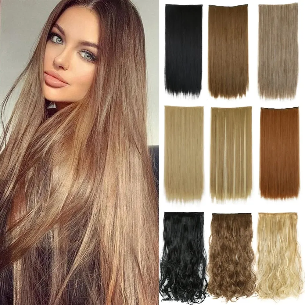 Synthetic Long Straight Clip In One Piece Hair Extension 5 Clips False Blonde Hair Brown Black Heat Resistant Fake Hair — image 2