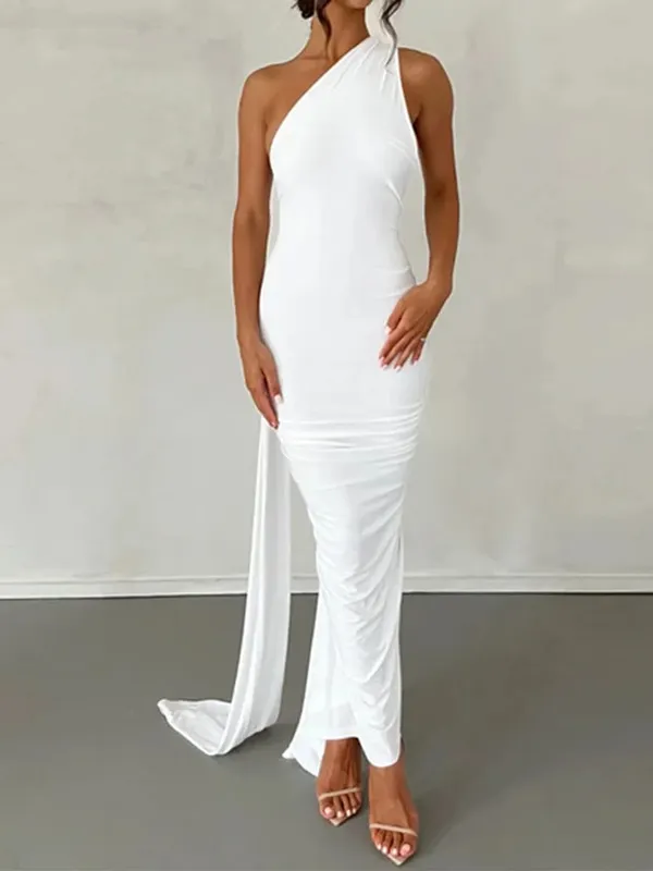 Neon Y2K Clothes One Shoulder Sleeveless Backless Ruched Bodycon Maxi Dresses For Women Club Birthday Party Evening Prom