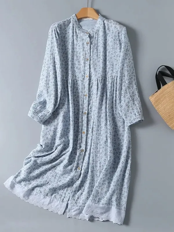 8 Colors -- Lamtrip-Retro Floral Cotton Yarn Long Sleeve Single Breasted Robe Casual Soft House Dress 2025 Spring